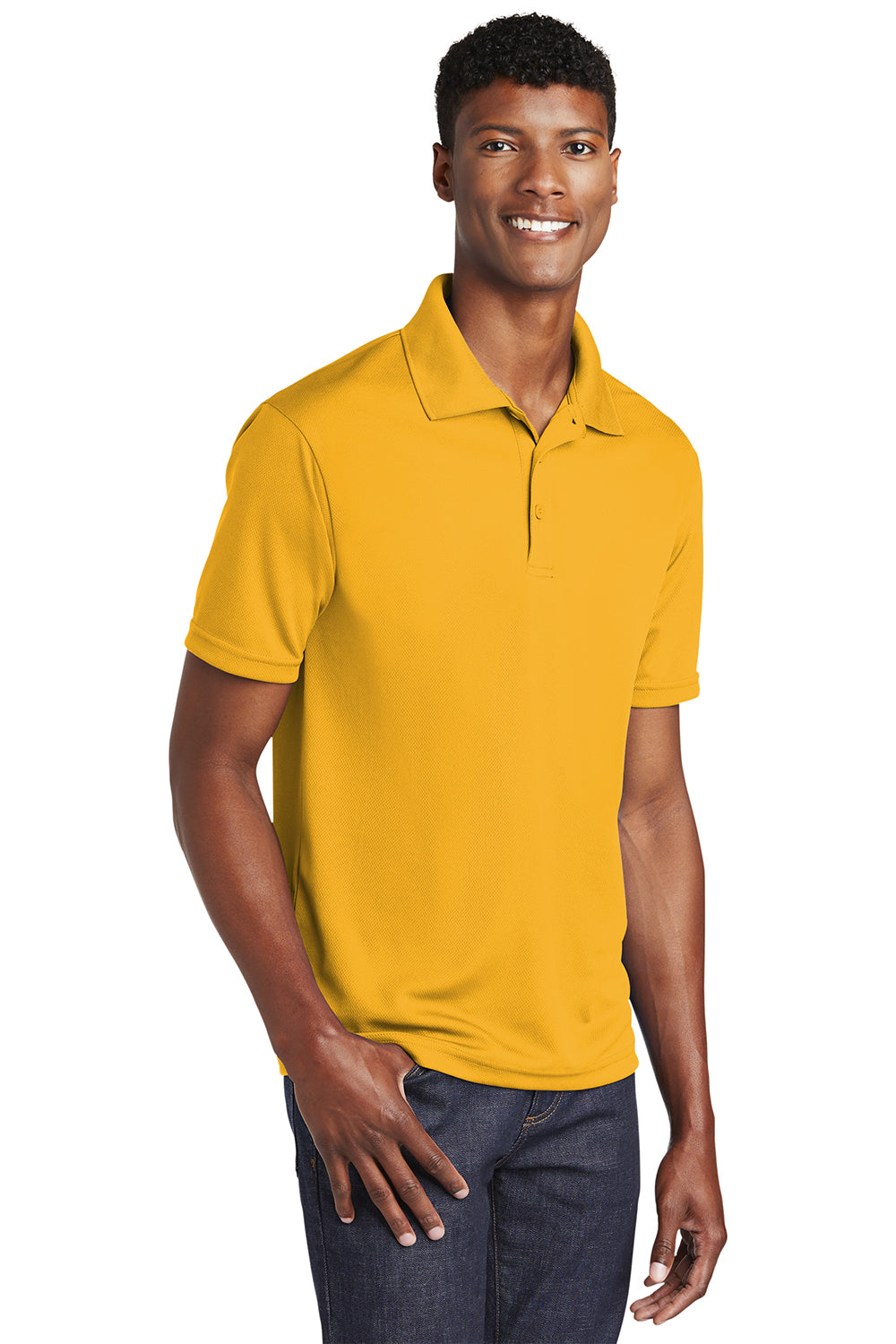 Sport-Tek ST640 Mens RacerMesh Moisture Wicking Short Sleeve Polo Shirt Gold Model 3q