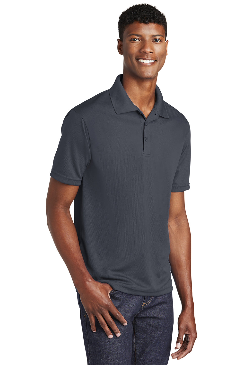 Sport-Tek ST640 Mens RacerMesh Moisture Wicking Short Sleeve Polo Shirt Graphite Grey Model 3q