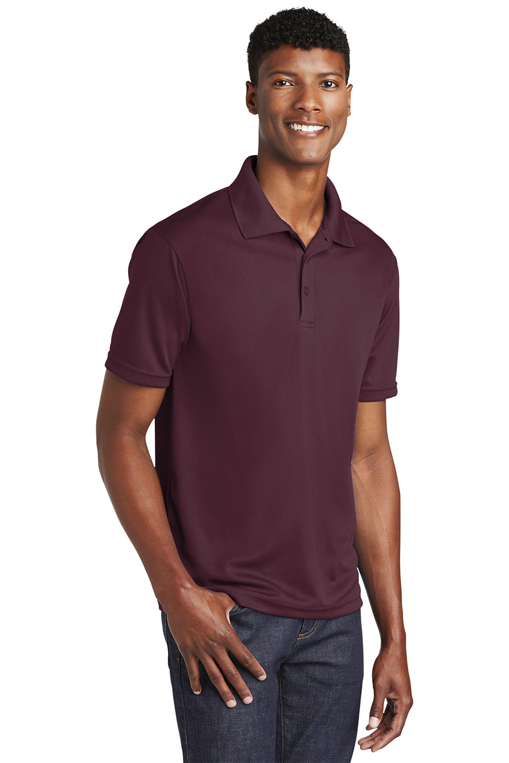 Sport-Tek ST640 Mens RacerMesh Moisture Wicking Short Sleeve Polo Shirt Maroon Model 3q