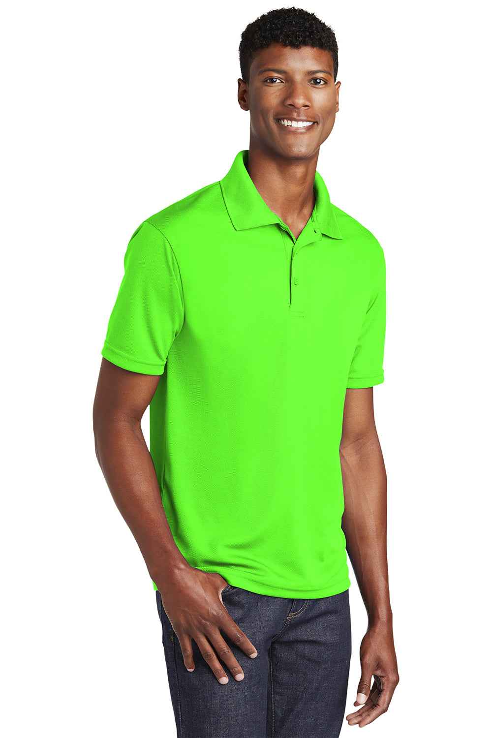 Sport-Tek ST640 Mens RacerMesh Moisture Wicking Short Sleeve Polo Shirt Neon Green Model 3q