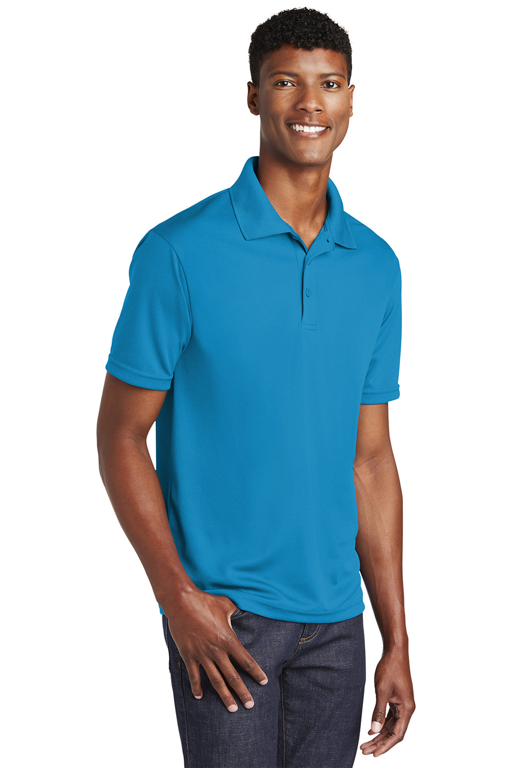 Sport-Tek ST640 Mens RacerMesh Moisture Wicking Short Sleeve Polo Shirt Pond Blue Model 3q