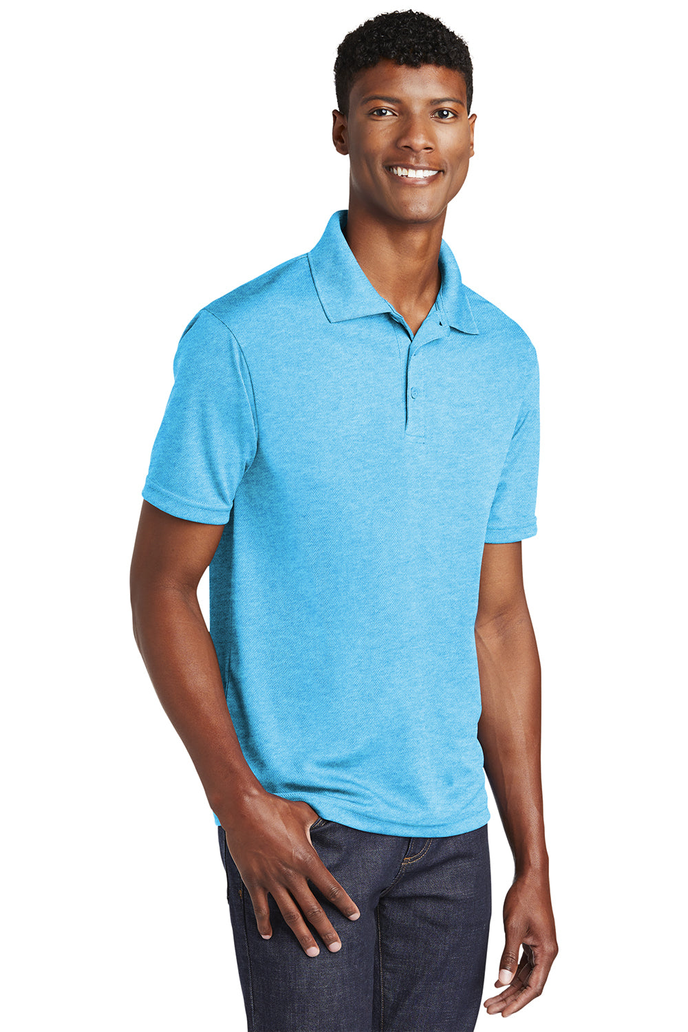 Sport-Tek ST640 Mens RacerMesh Moisture Wicking Short Sleeve Polo Shirt Heather Pond Blue Model 3q