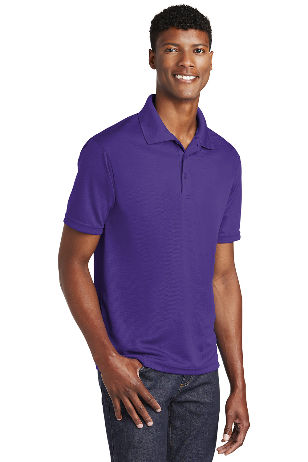 Sport-Tek ST640 Mens RacerMesh Moisture Wicking Short Sleeve Polo Shirt Purple Model 3q