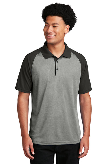 Sport-Tek ST641 Mens RacerMesh Moisture Wicking Short Sleeve Polo Shirt Heather Grey/Black Model Front