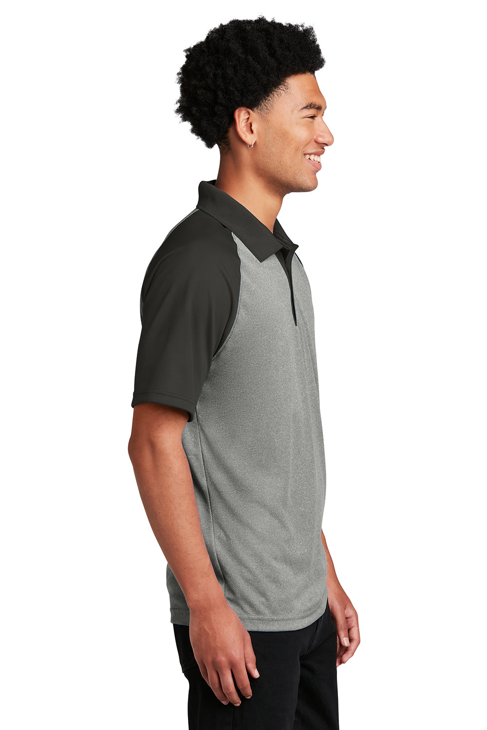 Sport-Tek ST641 Mens RacerMesh Moisture Wicking Short Sleeve Polo Shirt Heather Grey/Black Model Side