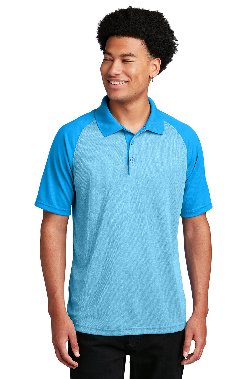 Sport-Tek ST641 Mens RacerMesh Moisture Wicking Short Sleeve Polo Shirt Heather Pond Blue/Pond Blue Model Front