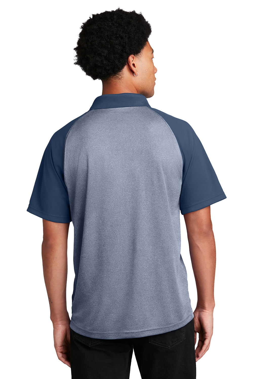 Sport-Tek ST641 Mens RacerMesh Moisture Wicking Short Sleeve Polo Shirt Heather True Navy Blue/True Navy Blue Model Back