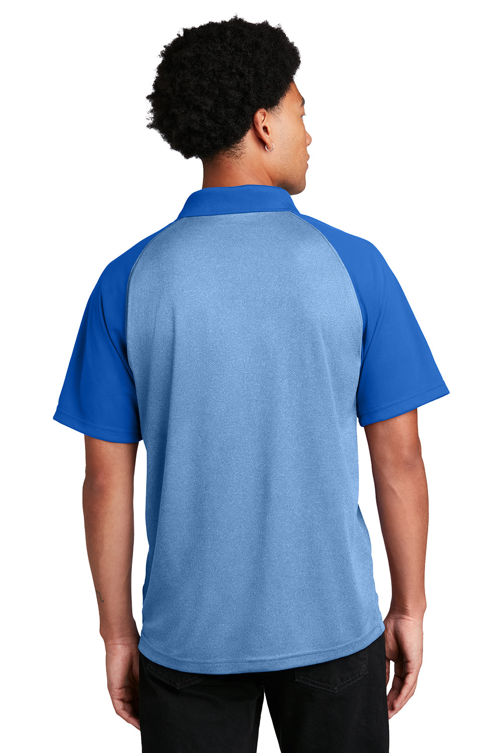 Sport-Tek ST641 Mens RacerMesh Moisture Wicking Short Sleeve Polo Shirt Heather True Royal Blue/True Royal Blue Model Back