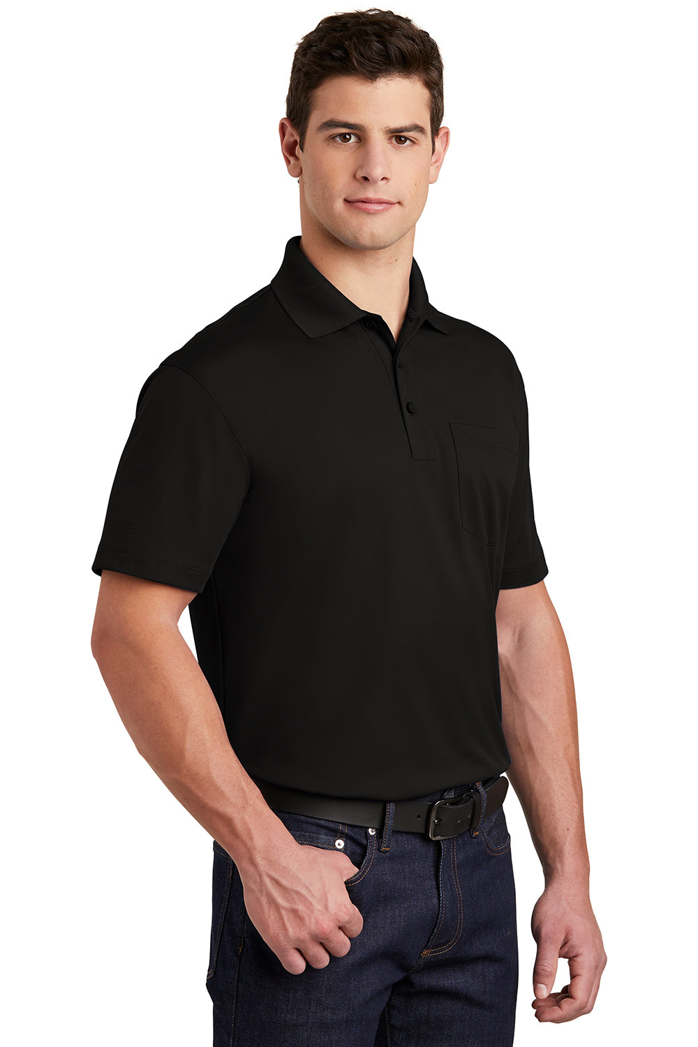 Sport-Tek ST651 Mens Sport-Wick Moisture Wicking Short Sleeve Polo Shirt w/ Pocket Black Model 3q