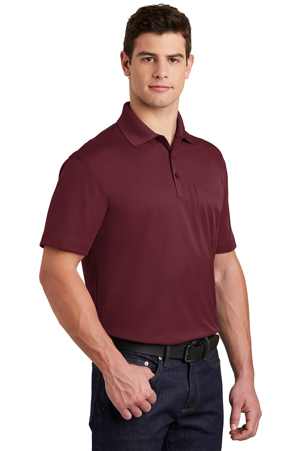 Sport-Tek ST651 Mens Sport-Wick Moisture Wicking Short Sleeve Polo Shirt w/ Pocket Maroon Model 3q