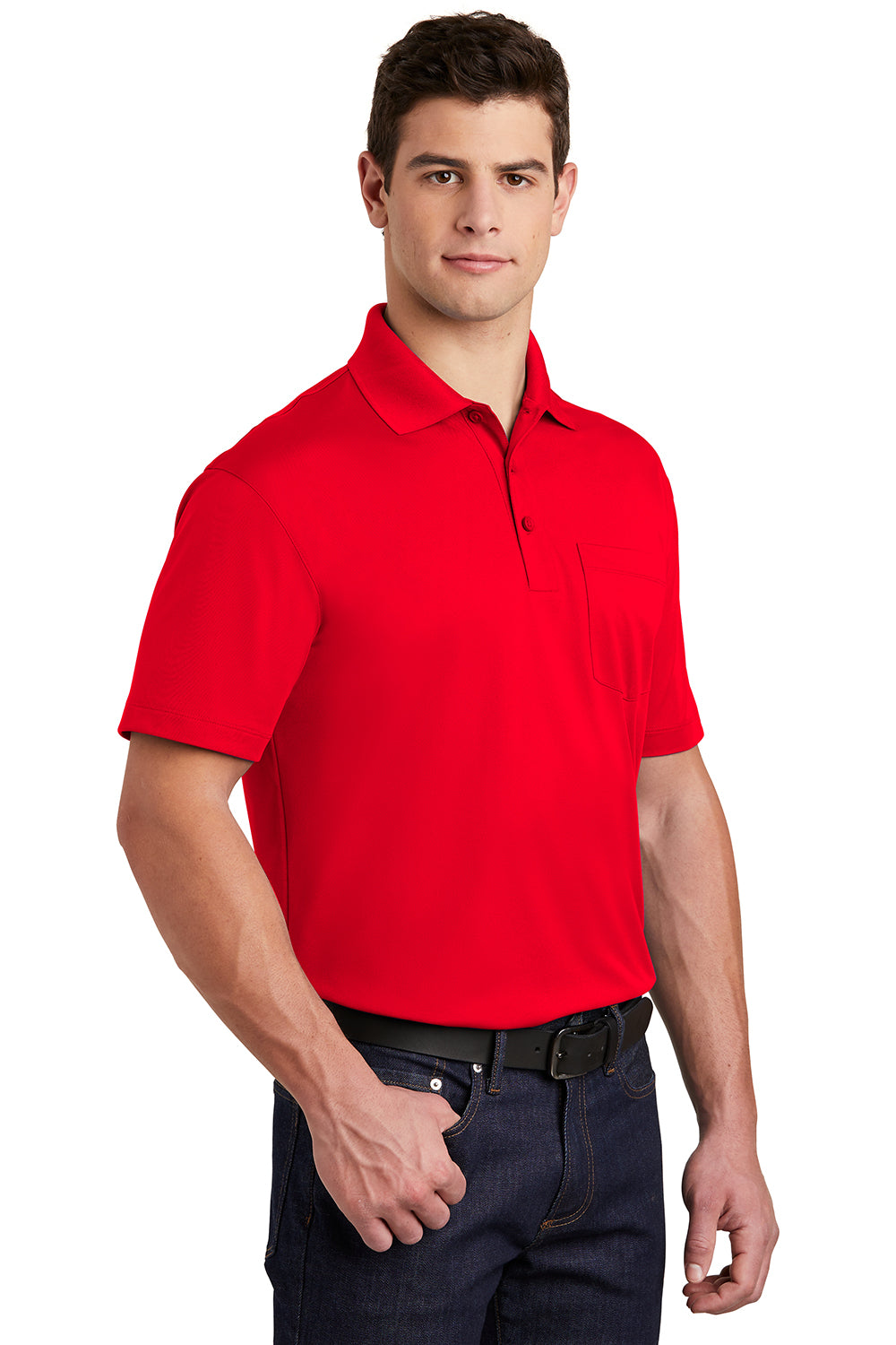 Sport-Tek ST651 Mens Sport-Wick Moisture Wicking Short Sleeve Polo Shirt w/ Pocket True Red Model 3q