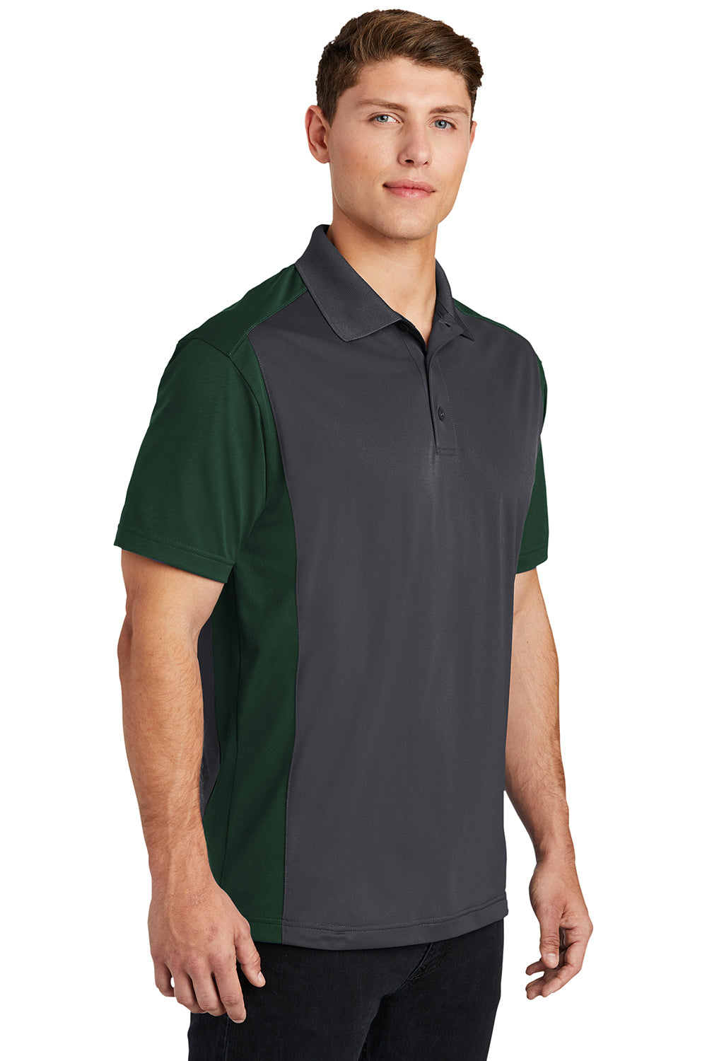 Sport-Tek ST652 Mens Sport-Wick Moisture Wicking Short Sleeve Polo Shirt Iron Grey/Forest Green Model 3q