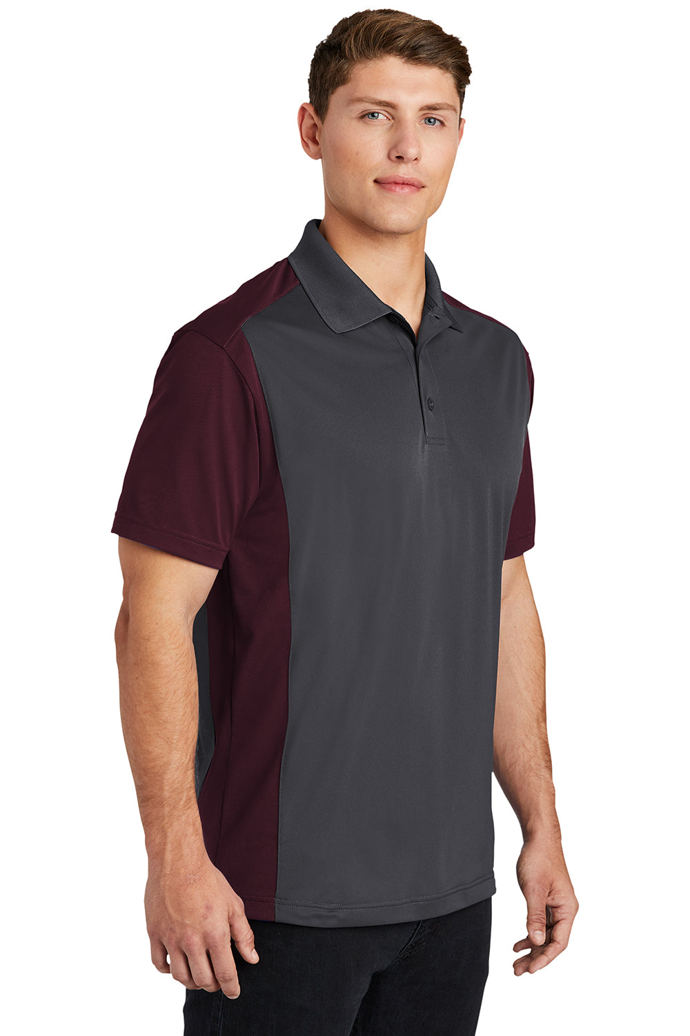 Sport-Tek ST652 Mens Sport-Wick Moisture Wicking Short Sleeve Polo Shirt Iron Grey/Maroon Model 3q