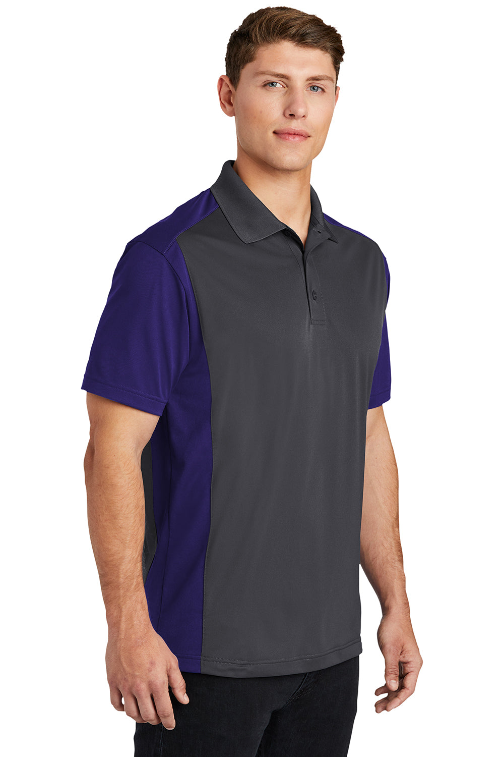 Sport-Tek ST652 Mens Sport-Wick Moisture Wicking Short Sleeve Polo Shirt Iron Grey/Purple Model 3q