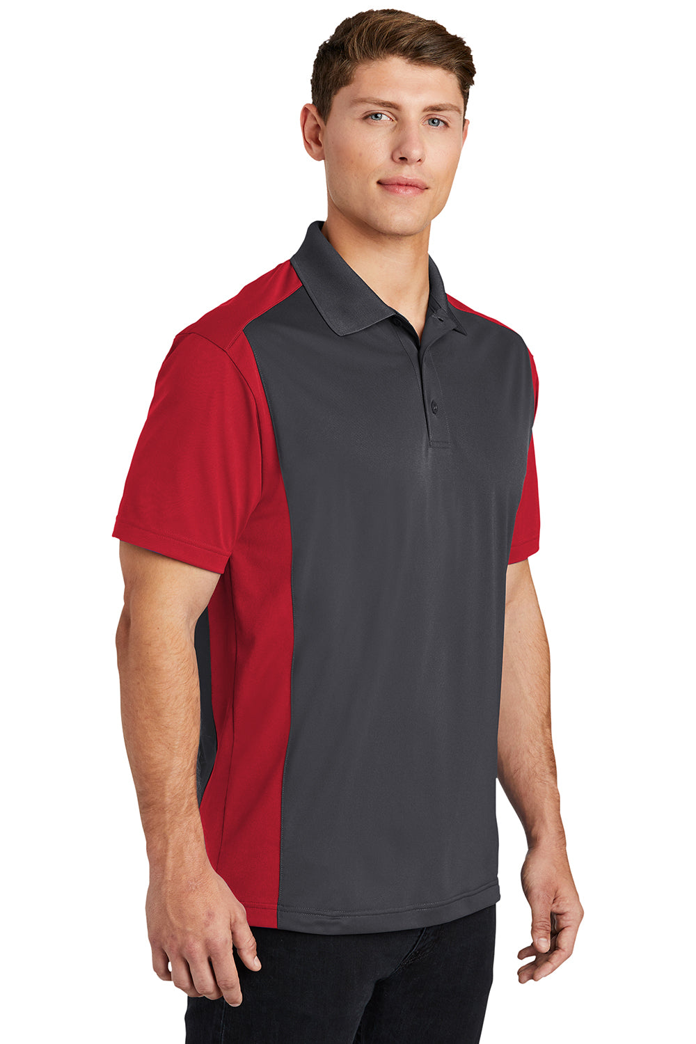 Sport-Tek ST652 Mens Sport-Wick Moisture Wicking Short Sleeve Polo Shirt Iron Grey/True Red Model 3q