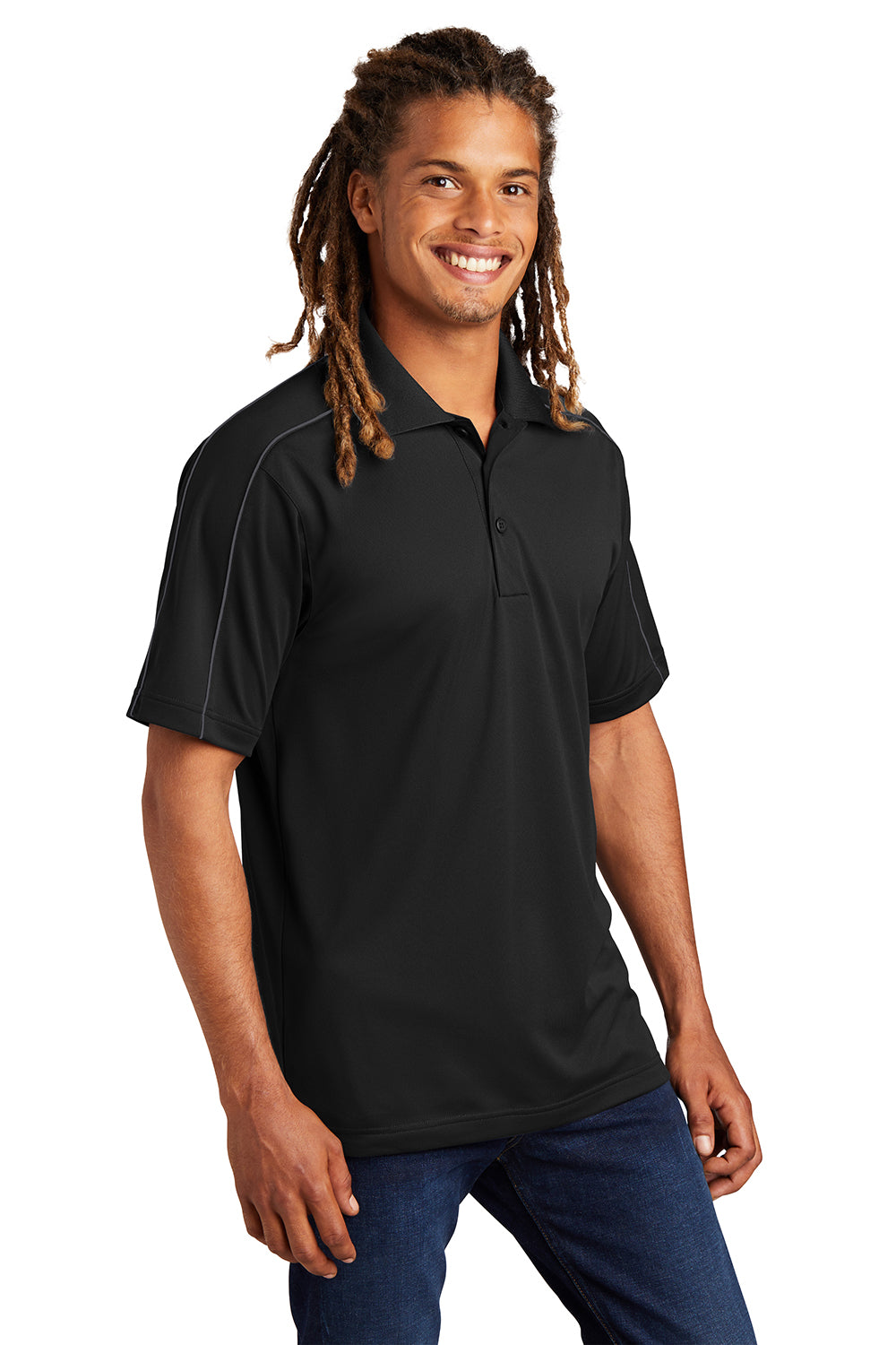 Sport-Tek ST653 Mens Sport-Wick Moisture Wicking Short Sleeve Polo Shirt Black/Iron Grey Model 3q