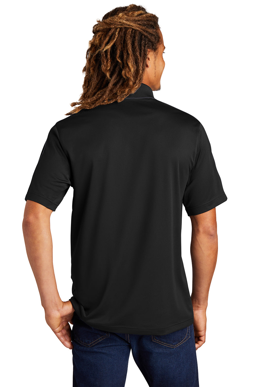 Sport-Tek ST653 Mens Sport-Wick Moisture Wicking Short Sleeve Polo Shirt Black/Iron Grey Model Back