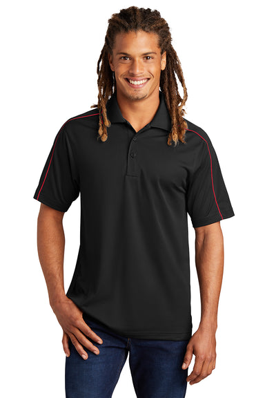 Sport-Tek ST653 Mens Sport-Wick Moisture Wicking Short Sleeve Polo Shirt Black/True Red Model Front