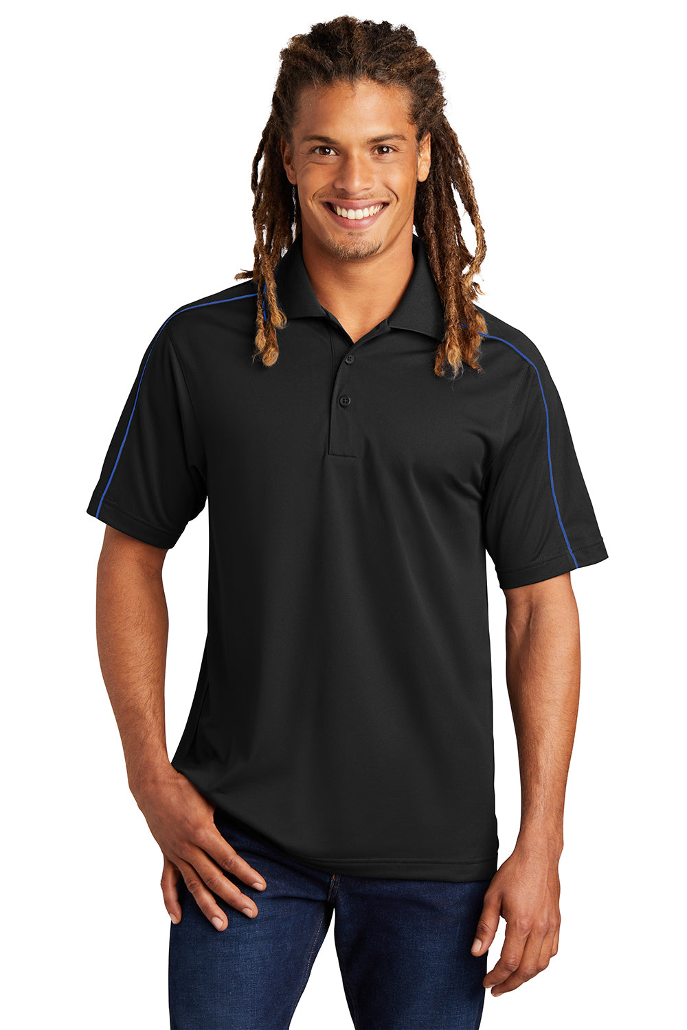 Sport-Tek ST653 Mens Sport-Wick Moisture Wicking Short Sleeve Polo Shirt Black/True Royal Blue Model Front