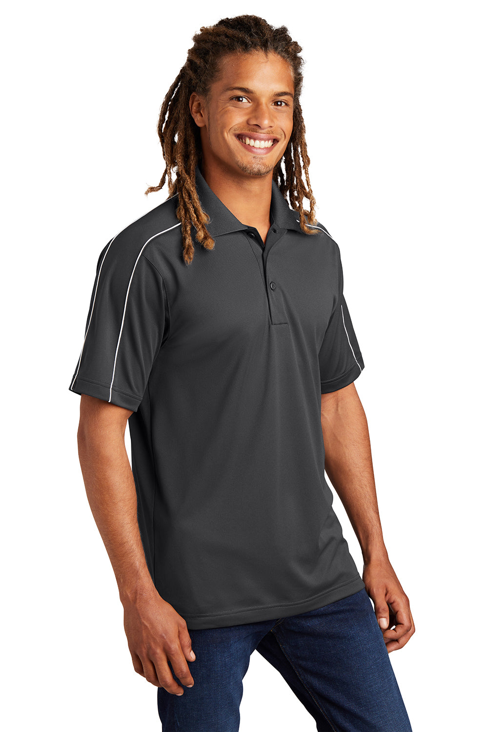 Sport-Tek ST653 Mens Sport-Wick Moisture Wicking Short Sleeve Polo Shirt Iron Grey/White Model 3q