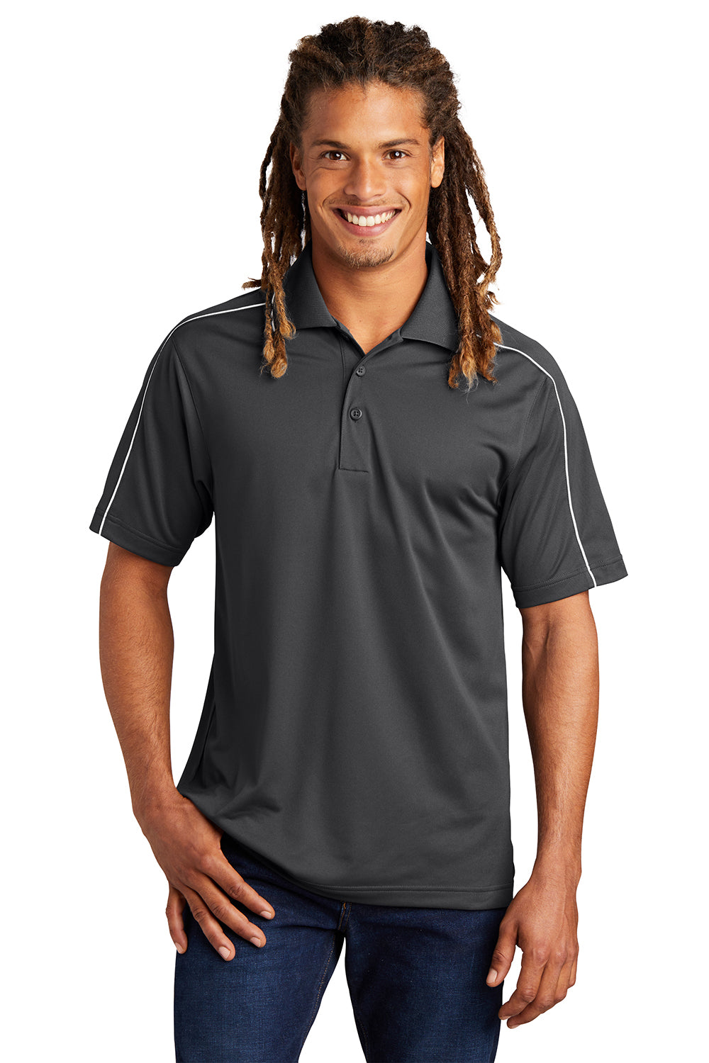 Sport-Tek ST653 Mens Sport-Wick Moisture Wicking Short Sleeve Polo Shirt Iron Grey/White Model Front