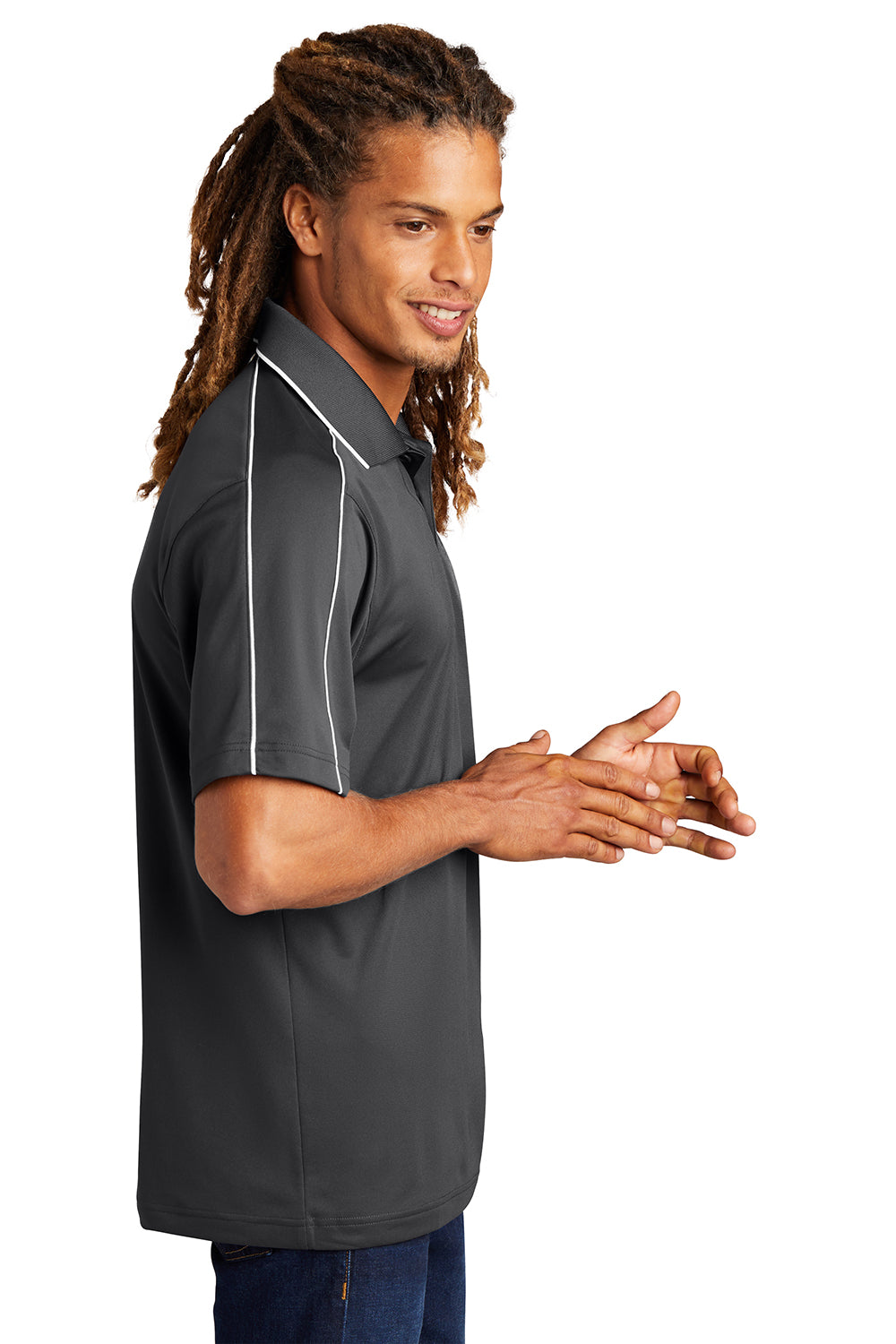 Sport-Tek ST653 Mens Sport-Wick Moisture Wicking Short Sleeve Polo Shirt Iron Grey/White Model Side