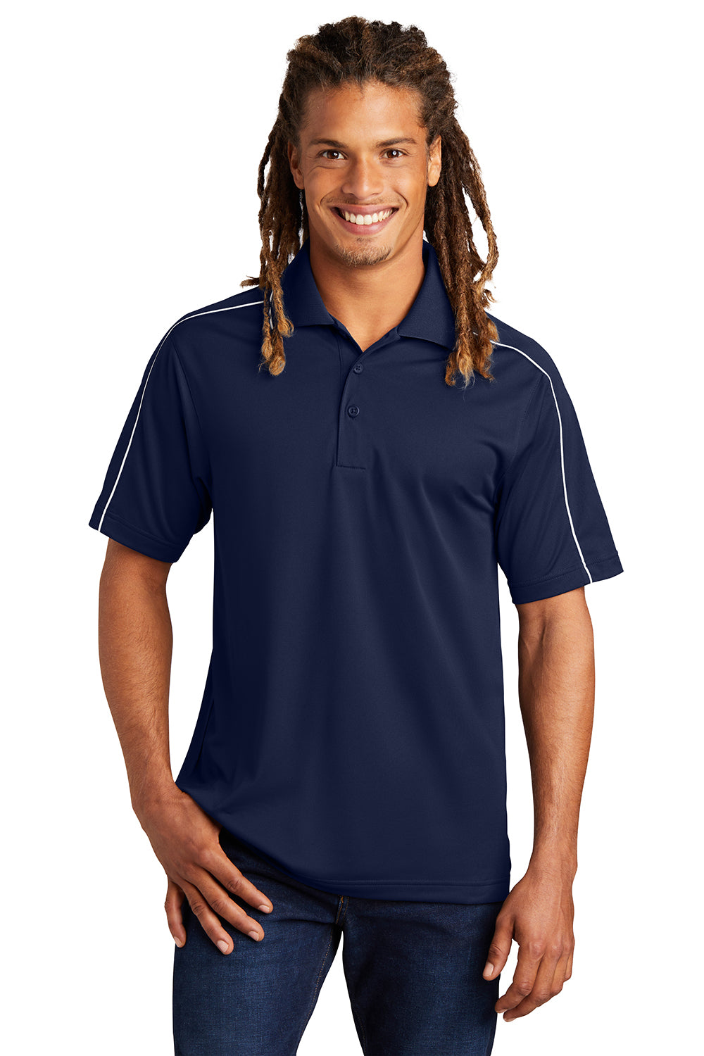 Sport-Tek ST653 Mens Sport-Wick Moisture Wicking Short Sleeve Polo Shirt True Navy Blue/White Model Front