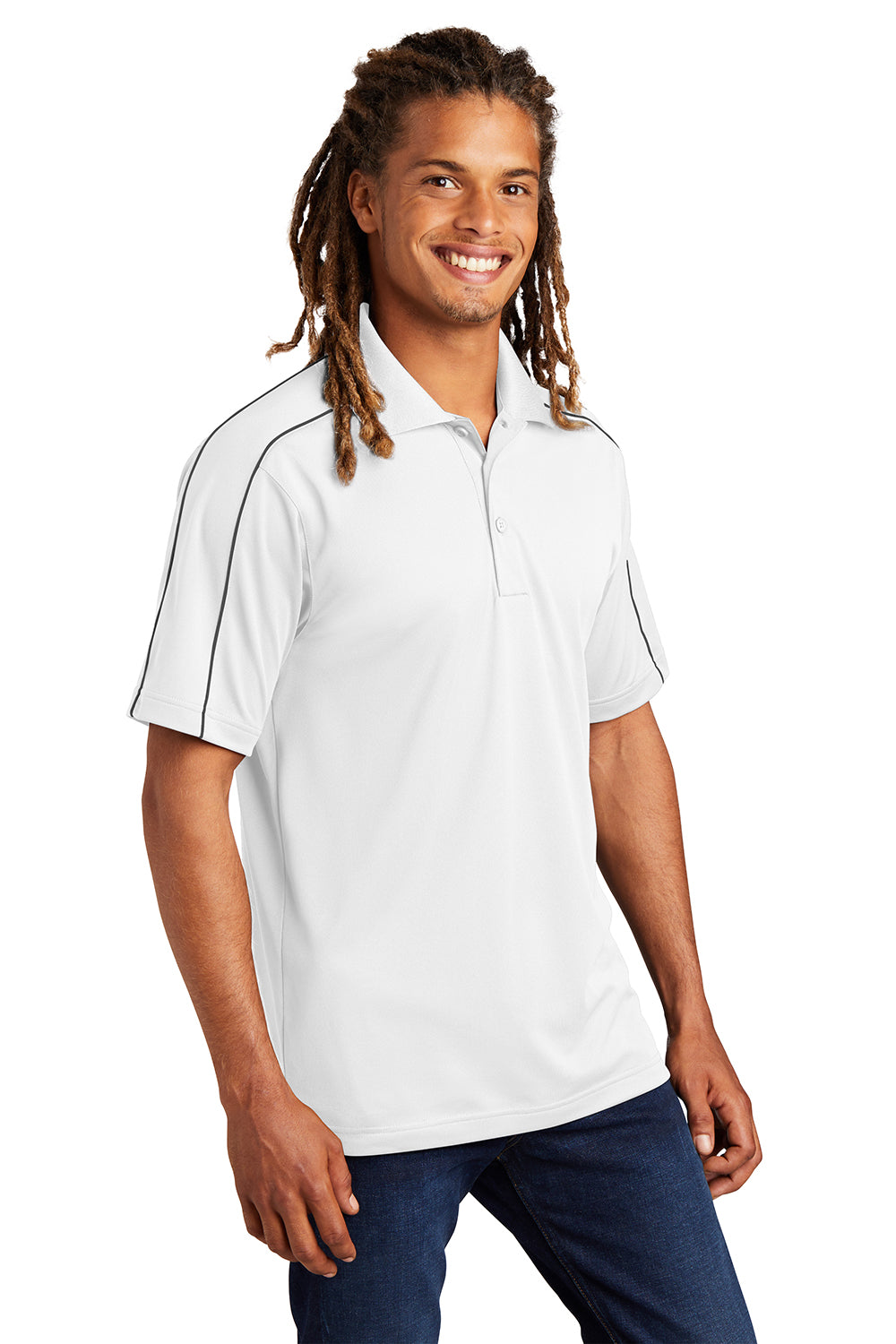 Sport-Tek ST653 Mens Sport-Wick Moisture Wicking Short Sleeve Polo Shirt White/Iron Grey Model 3q