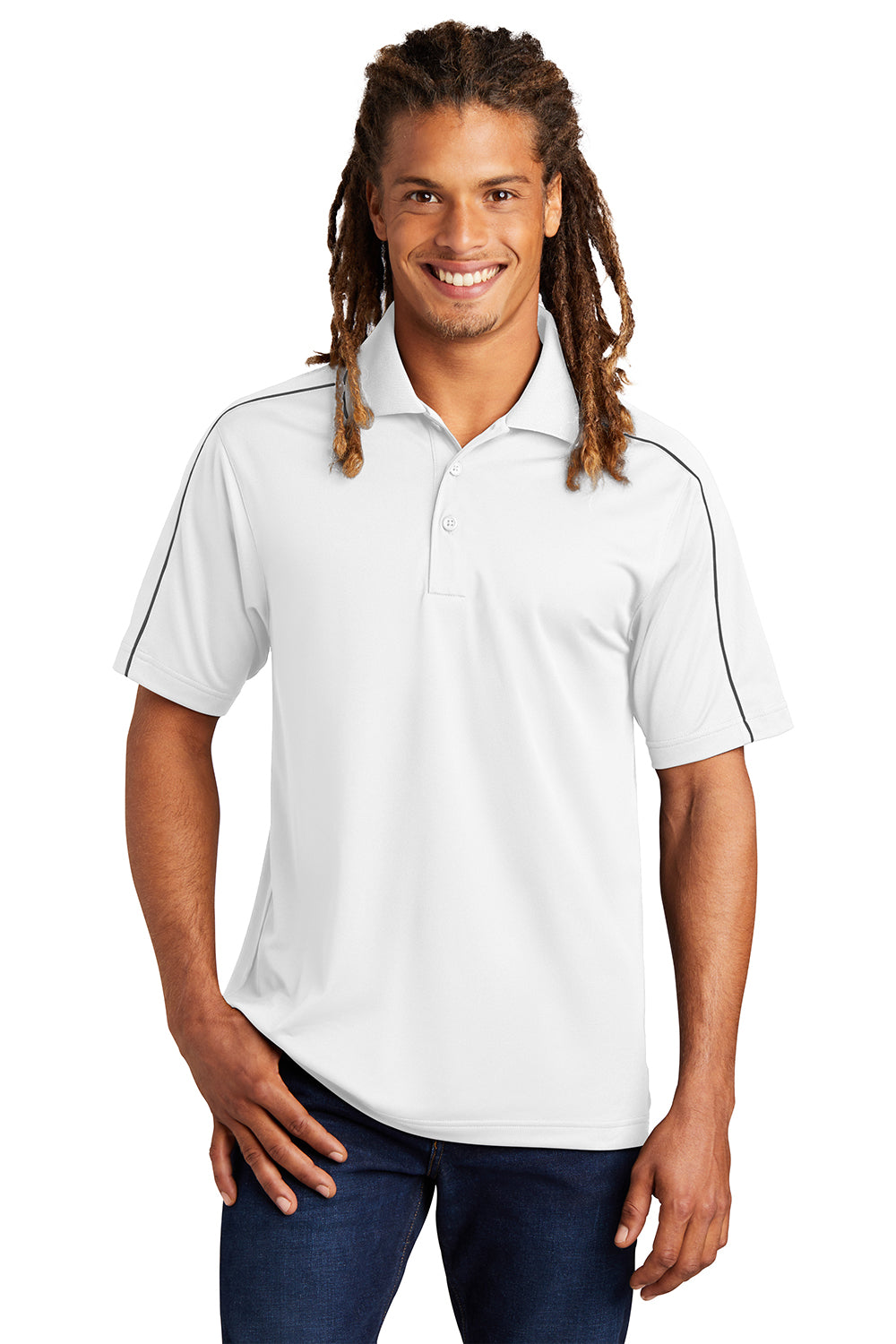 Sport-Tek ST653 Mens Sport-Wick Moisture Wicking Short Sleeve Polo Shirt White/Iron Grey Model Front