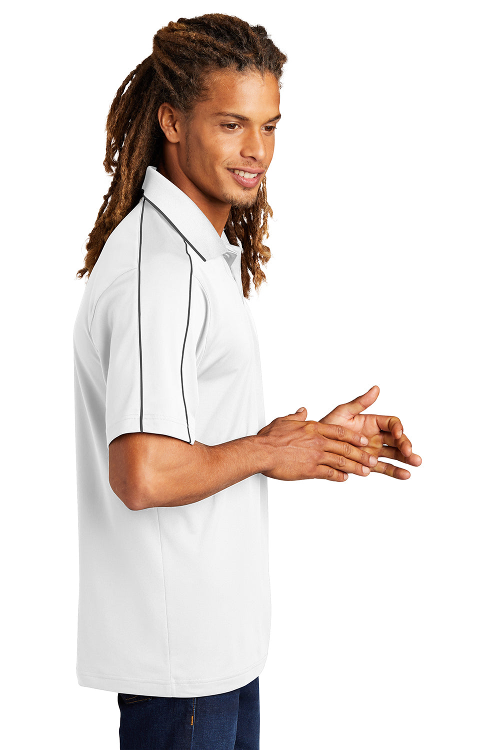 Sport-Tek ST653 Mens Sport-Wick Moisture Wicking Short Sleeve Polo Shirt White/Iron Grey Model Side