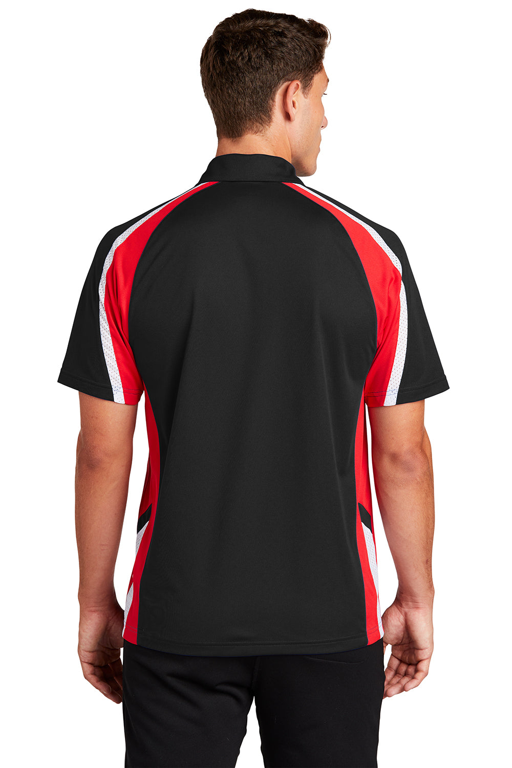 Sport-Tek ST654 Mens Sport-Wick Moisture Wicking Short Sleeve Polo Shirt Black/True Red/White Model Back