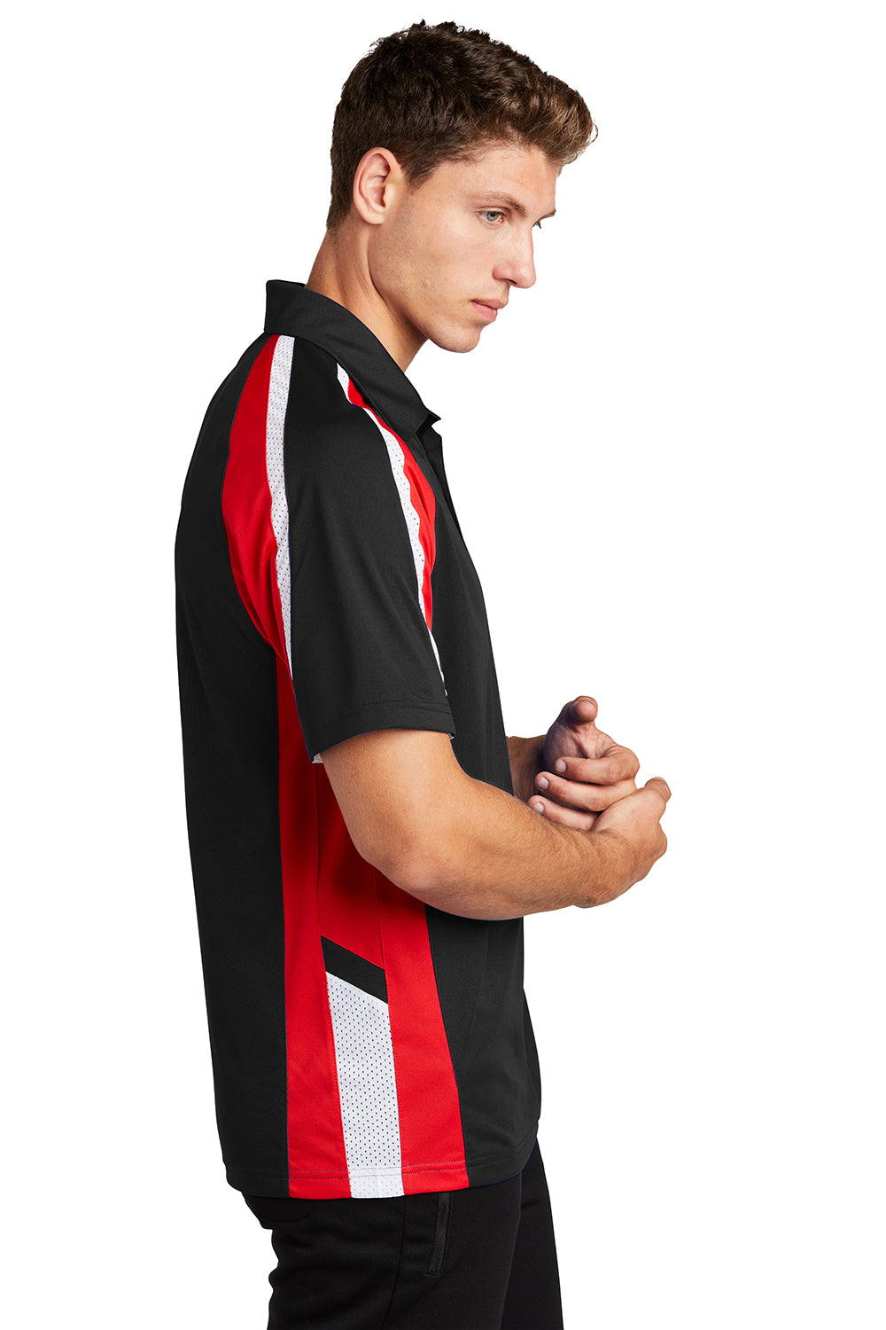 Sport-Tek ST654 Mens Sport-Wick Moisture Wicking Short Sleeve Polo Shirt Black/True Red/White Model Side