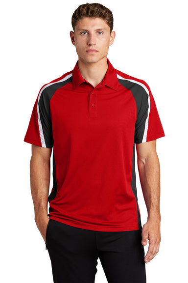 Sport-Tek ST654 Mens Sport-Wick Moisture Wicking Short Sleeve Polo Shirt True Red/Black/White Model Front