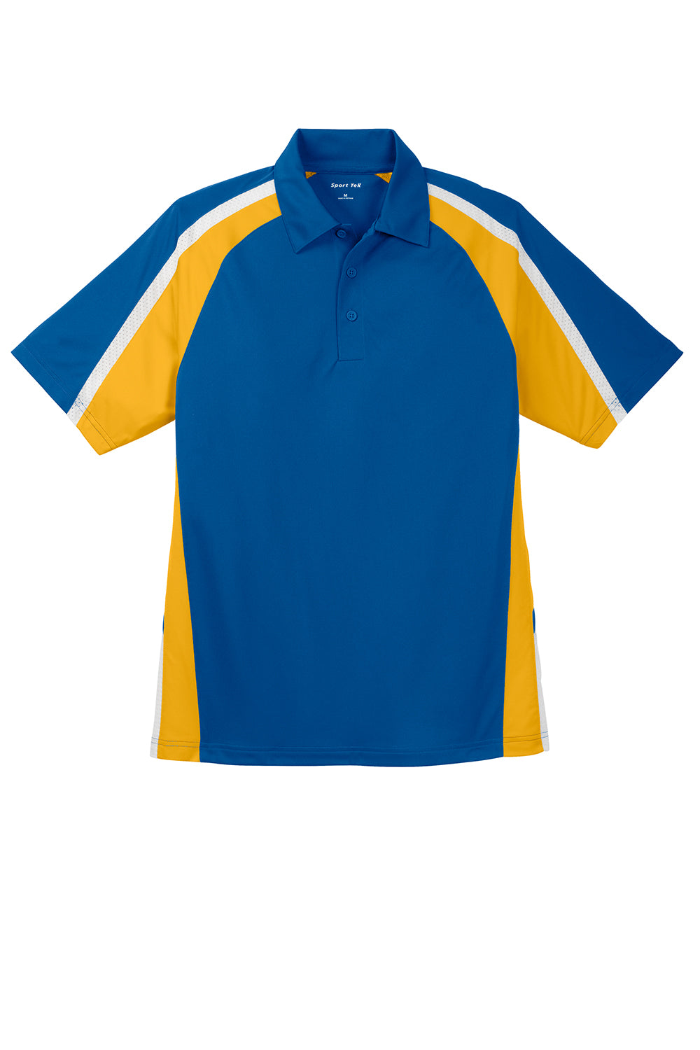 Sport-Tek ST654 Mens Sport-Wick Moisture Wicking Short Sleeve Polo Shirt True Royal Blue/Gold/White Flat Front