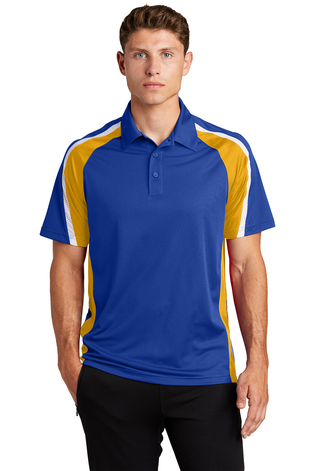 Sport-Tek ST654 Mens Sport-Wick Moisture Wicking Short Sleeve Polo Shirt True Royal Blue/Gold/White Model Front