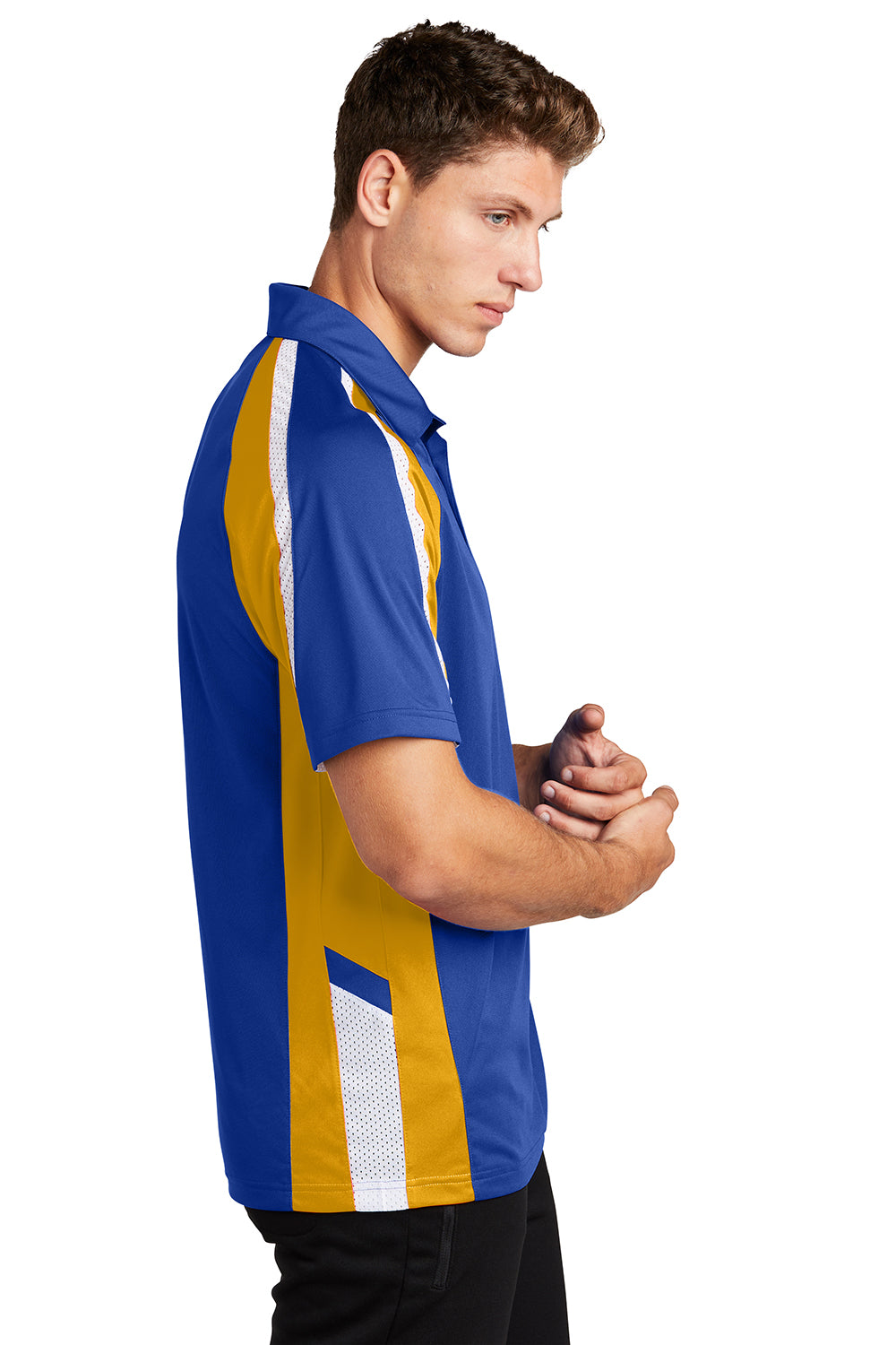 Sport-Tek ST654 Mens Sport-Wick Moisture Wicking Short Sleeve Polo Shirt True Royal Blue/Gold/White Model Side