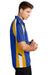 Sport-Tek ST654 Mens Sport-Wick Moisture Wicking Short Sleeve Polo Shirt True Royal Blue/Gold/White Model Side