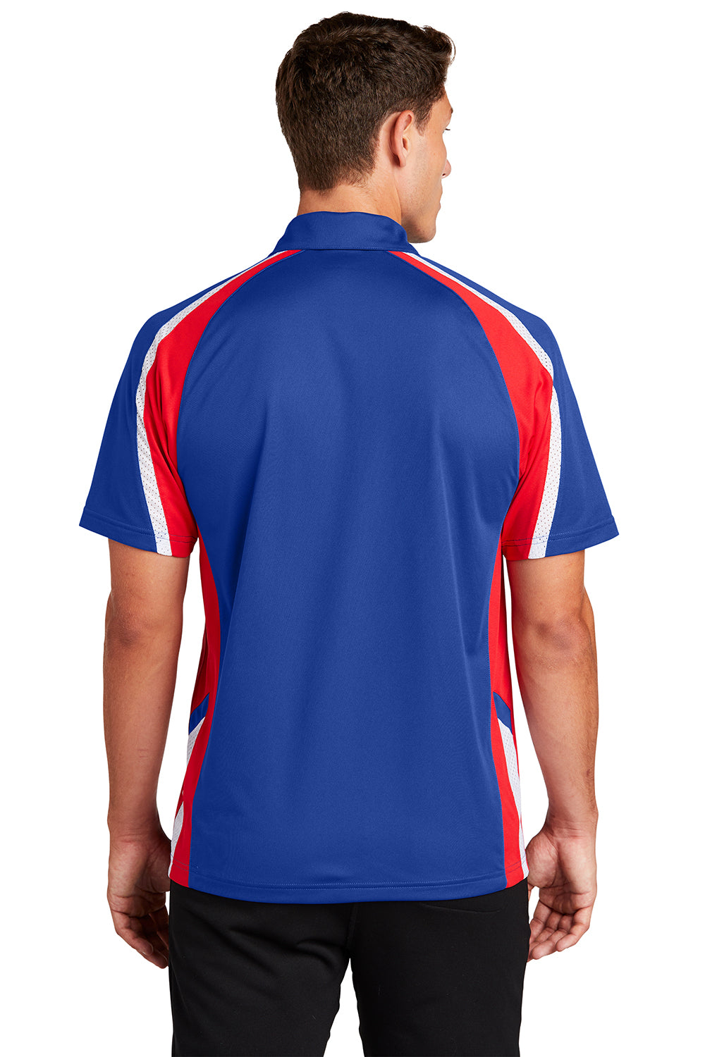 Sport-Tek ST654 Mens Sport-Wick Moisture Wicking Short Sleeve Polo Shirt True Royal Blue/True Red/White Model Back