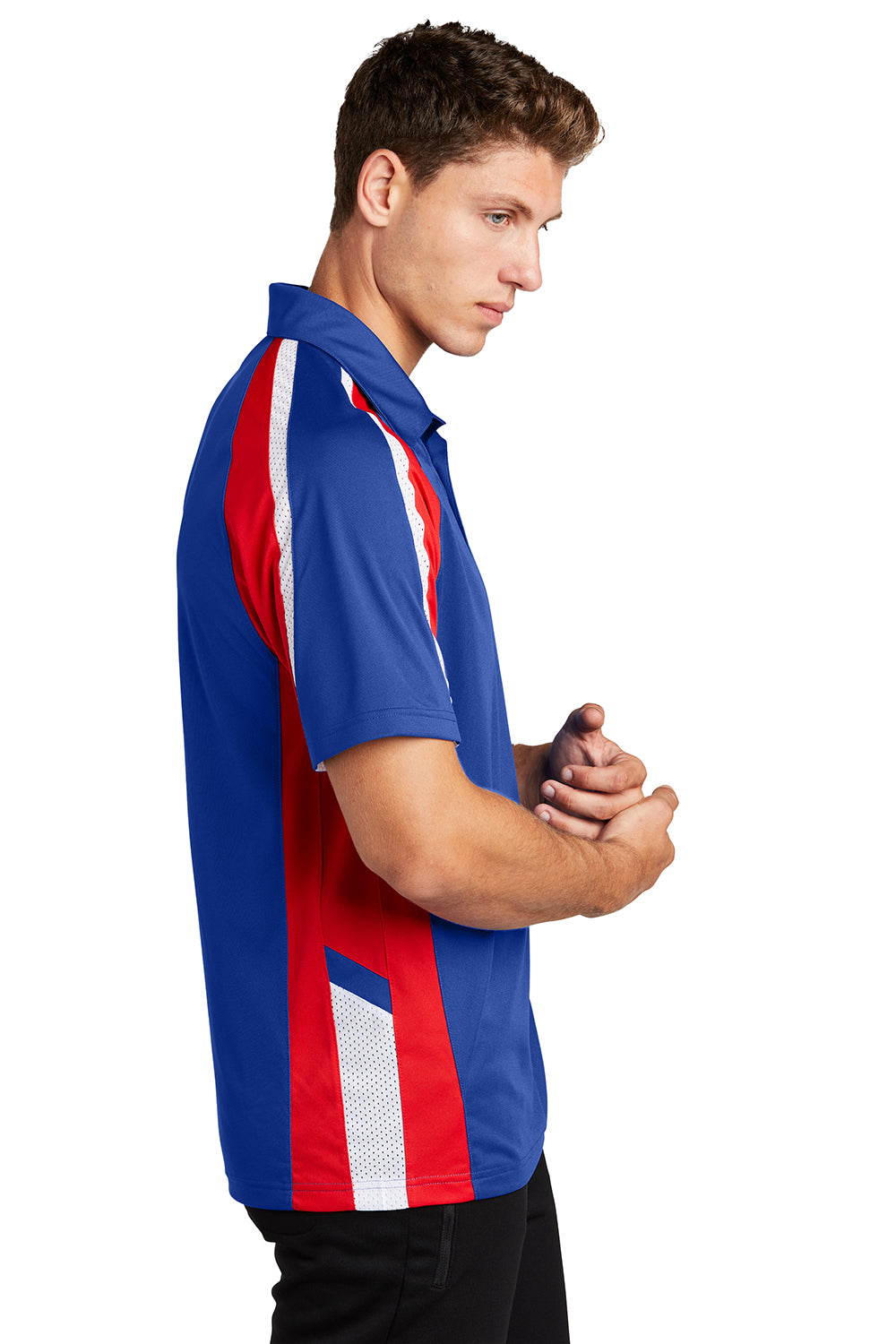 Sport-Tek ST654 Mens Sport-Wick Moisture Wicking Short Sleeve Polo Shirt True Royal Blue/True Red/White Model Side