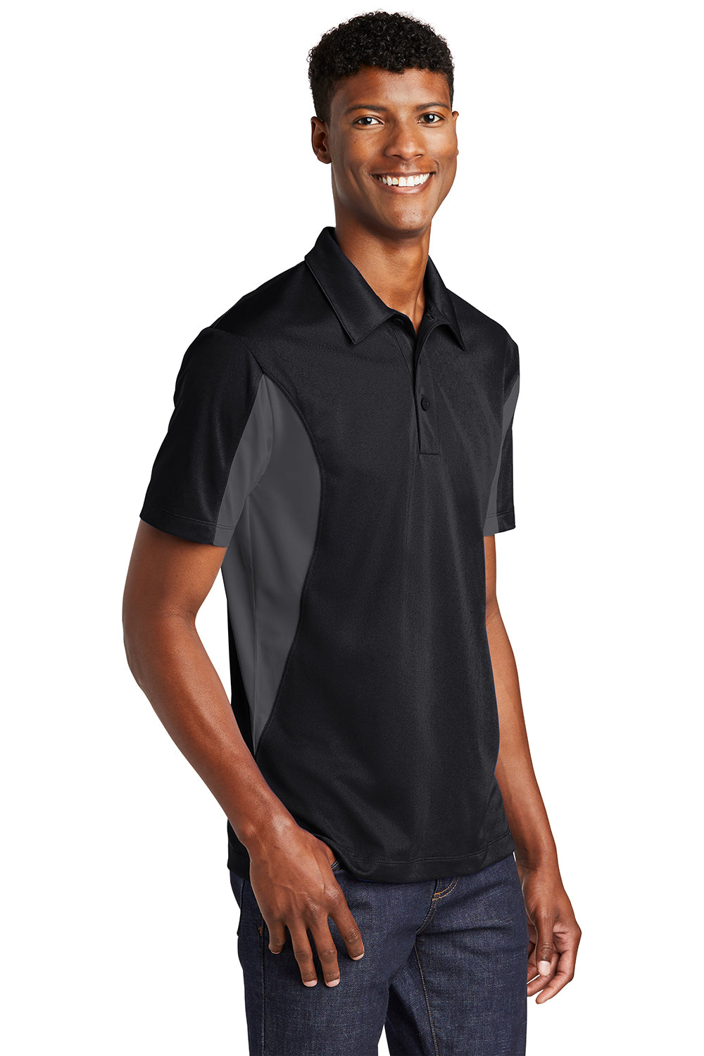 Sport-Tek ST655/TST655 Mens Sport-Wick Moisture Wicking Short Sleeve Polo Shirt Black/Iron Grey Model 3q