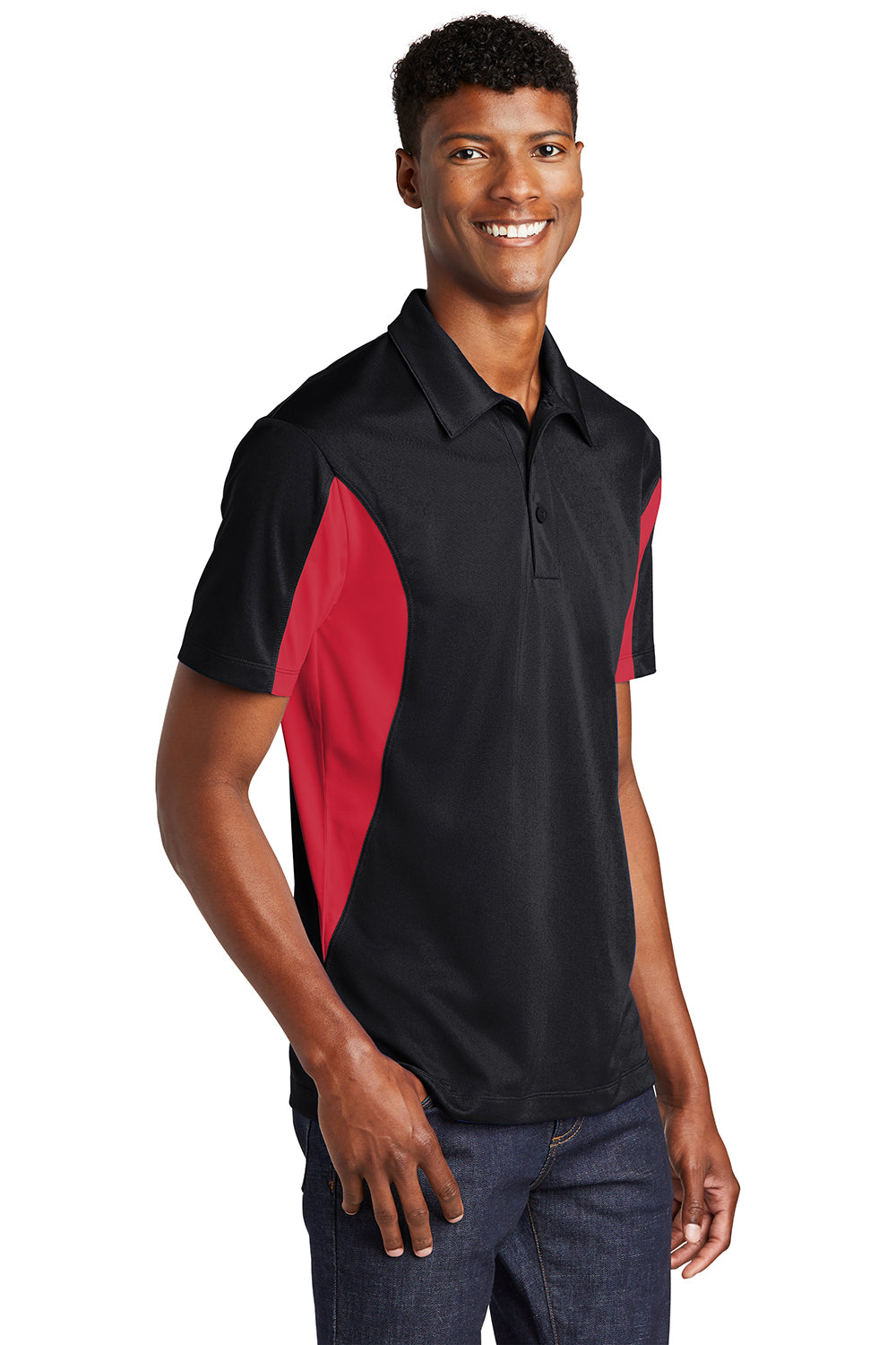 Sport-Tek ST655/TST655 Mens Sport-Wick Moisture Wicking Short Sleeve Polo Shirt Black/True Red Model 3q