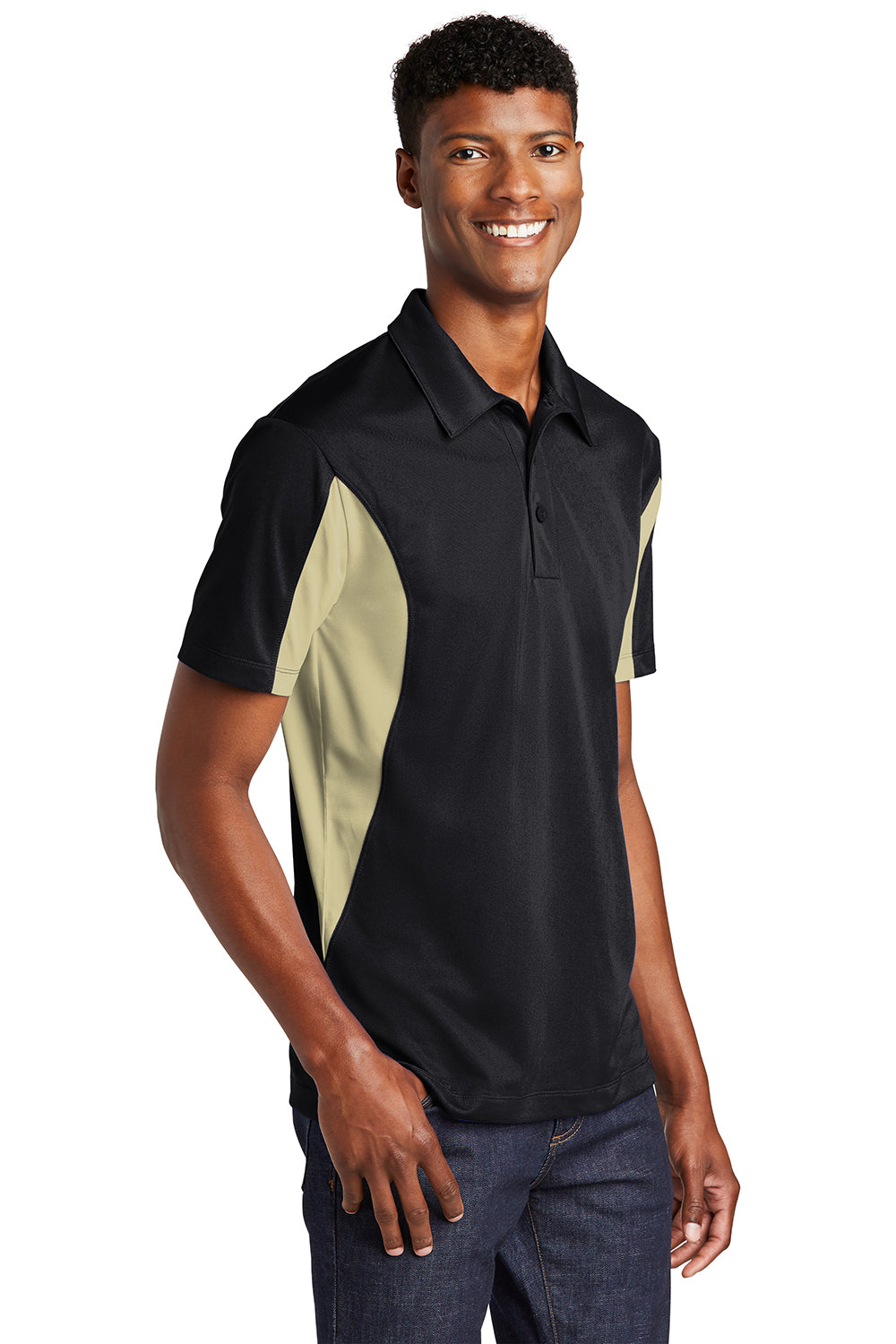 Sport-Tek ST655/TST655 Mens Sport-Wick Moisture Wicking Short Sleeve Polo Shirt Black/Vegas Gold Model 3q