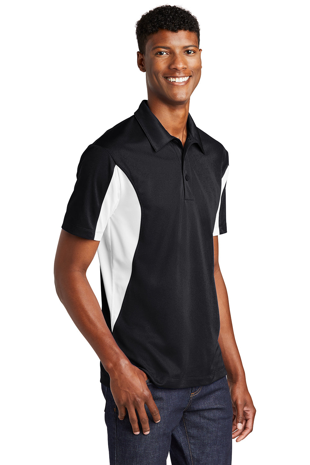 Sport-Tek ST655/TST655 Mens Sport-Wick Moisture Wicking Short Sleeve Polo Shirt Black/White Model 3q