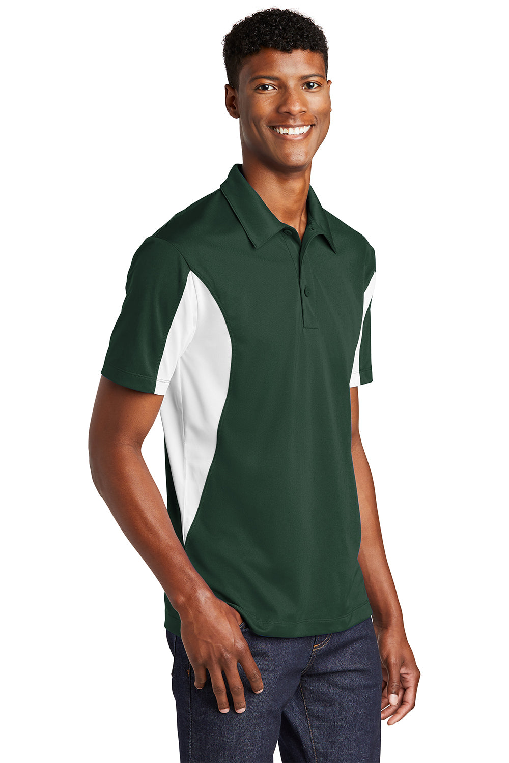 Sport-Tek ST655/TST655 Mens Sport-Wick Moisture Wicking Short Sleeve Polo Shirt Forest Green/White Model 3q