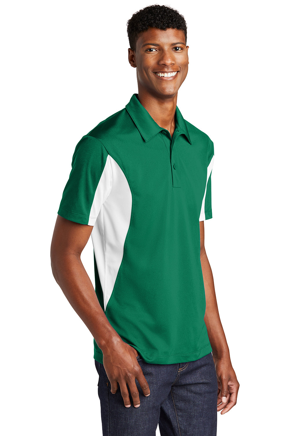 Sport-Tek ST655/TST655 Mens Sport-Wick Moisture Wicking Short Sleeve Polo Shirt Kelly Green/White Model 3q