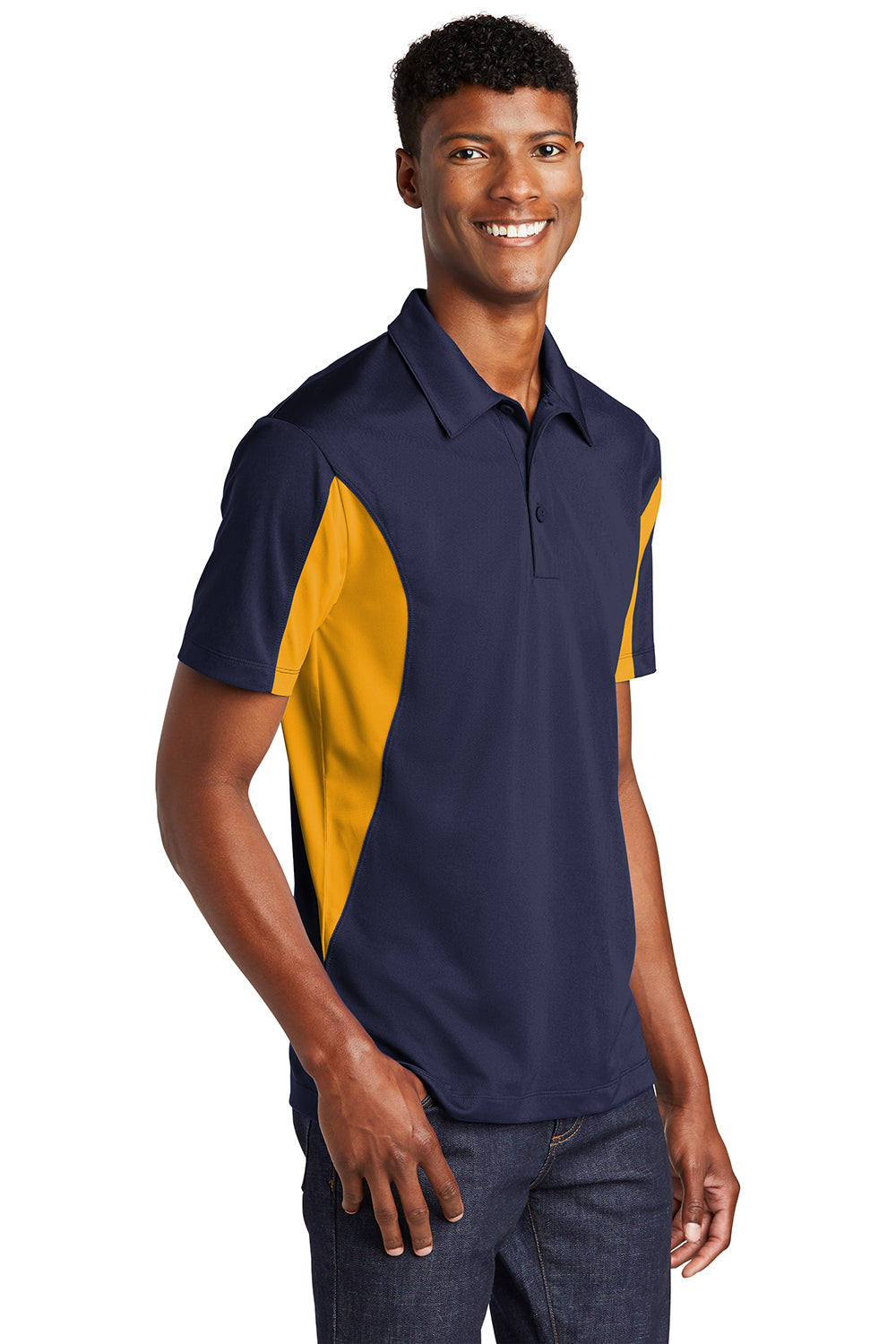 Sport-Tek ST655/TST655 Mens Sport-Wick Moisture Wicking Short Sleeve Polo Shirt True Navy Blue/Gold Model 3q