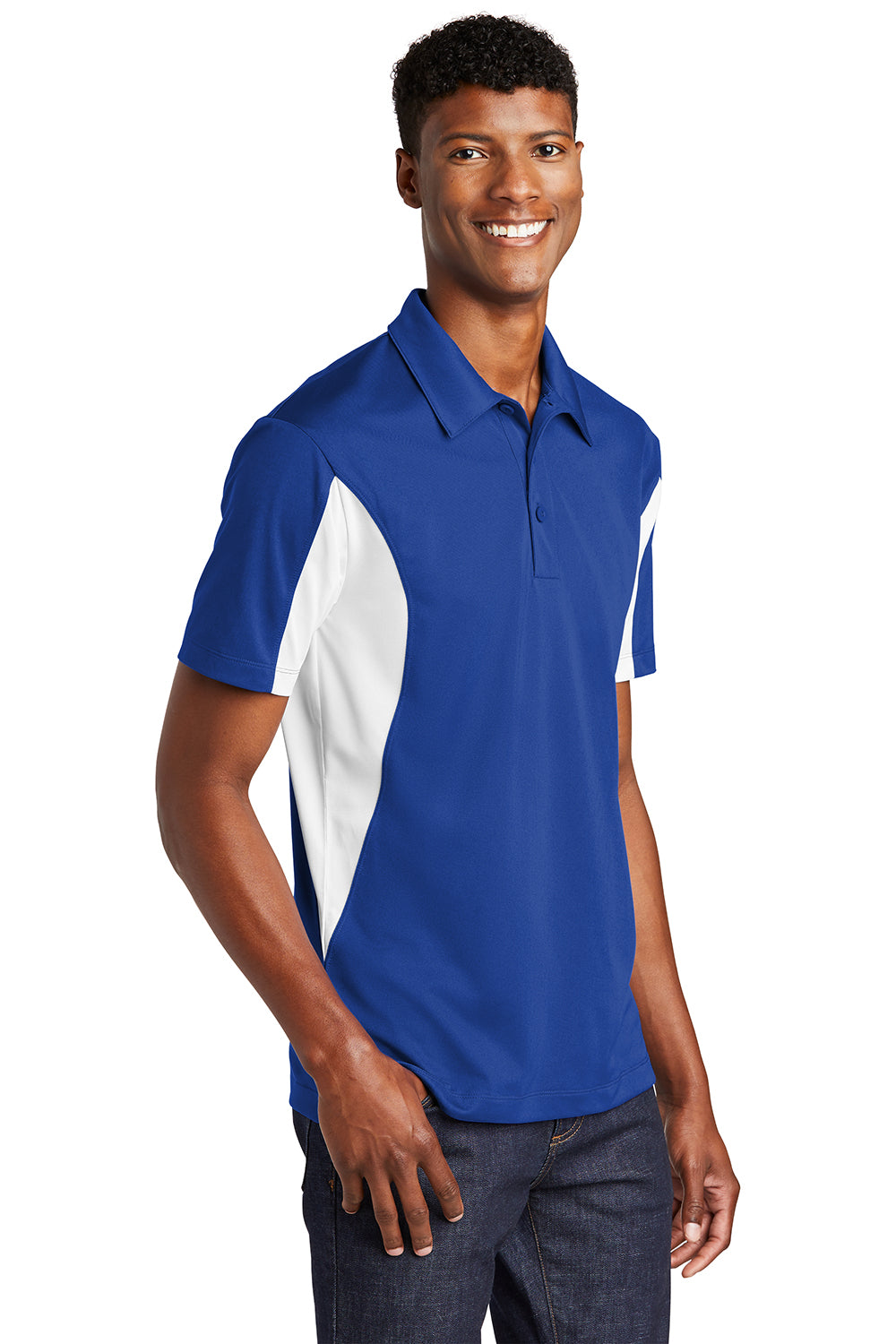 Sport-Tek ST655/TST655 Mens Sport-Wick Moisture Wicking Short Sleeve Polo Shirt True Royal Blue/White Model 3q