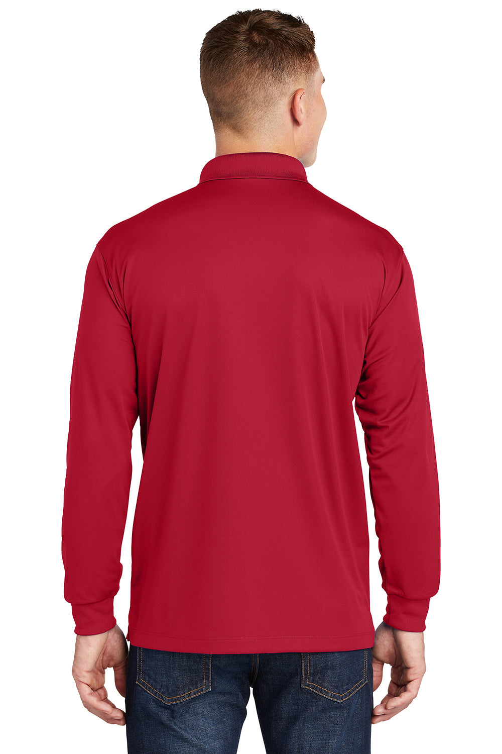 Sport-Tek ST657 Mens Sport-Wick Moisture Wicking Long Sleeve Polo Shirt Deep Red Model Back