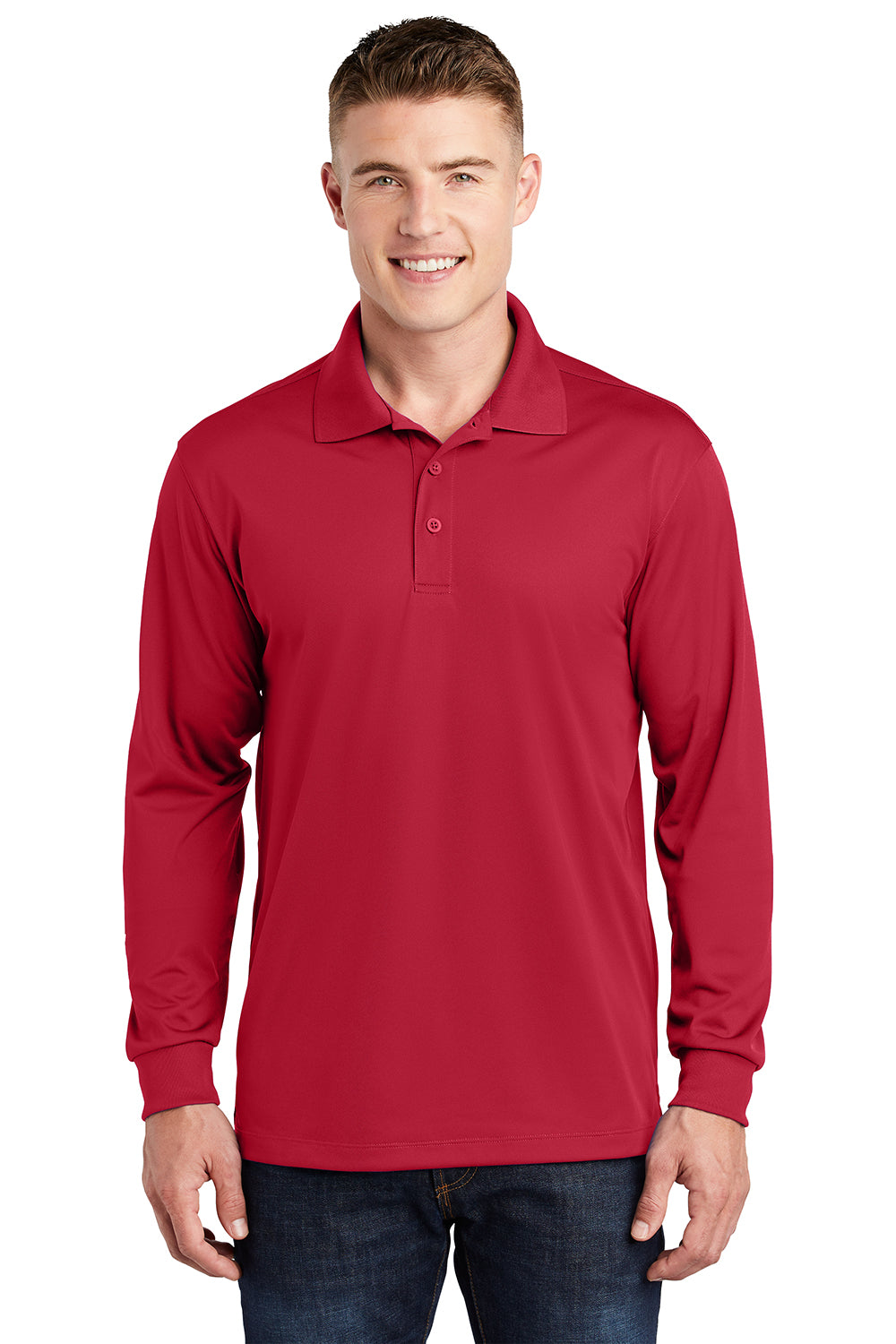 Sport-Tek ST657 Mens Sport-Wick Moisture Wicking Long Sleeve Polo Shirt Deep Red Model Front