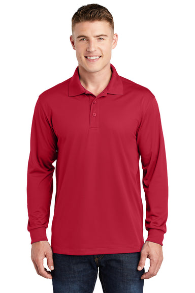 Sport-Tek ST657 Mens Sport-Wick Moisture Wicking Long Sleeve Polo Shirt Deep Red Model Front